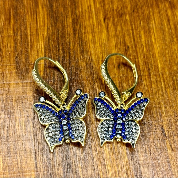 Beautiful Gold Plated 925 Blue Rhinestone Butterfly Earrings - Picture 10 of 10